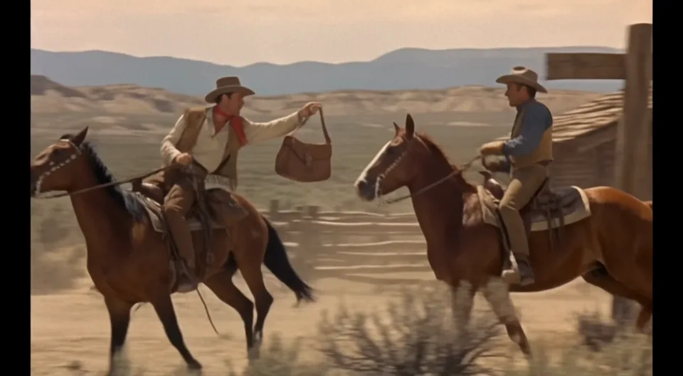 Official FLUX 3 Max scene: two riders passing a mail pouch at speed