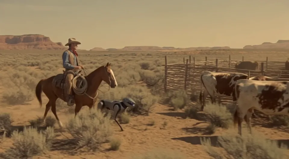 Official FLUX 3 Max scene with a robot dog, horse and cattle
