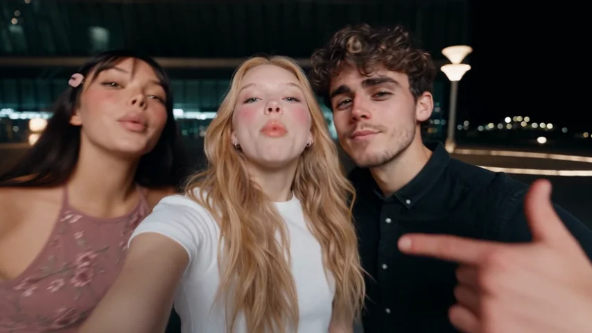 Night Trio Selfie reference detail: end with the group close to the lens